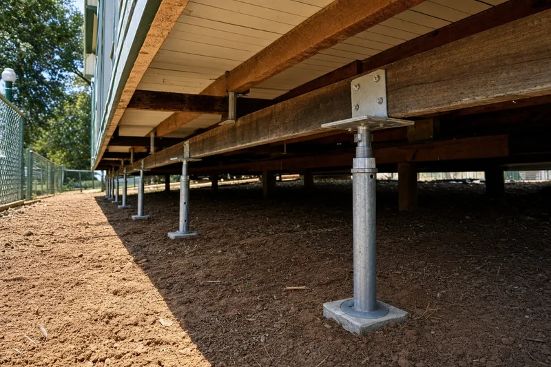 Row of new adjustable steel stumps supporting a timber house frame, illustrative example