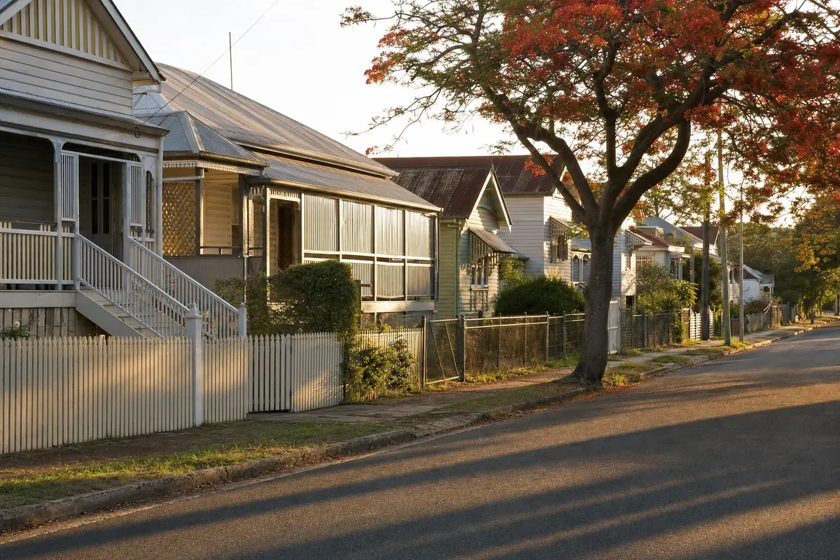 Street of pre-1946 Ipswich timber cottages with tin roofs and a flowering poinciana tree, illustrative example